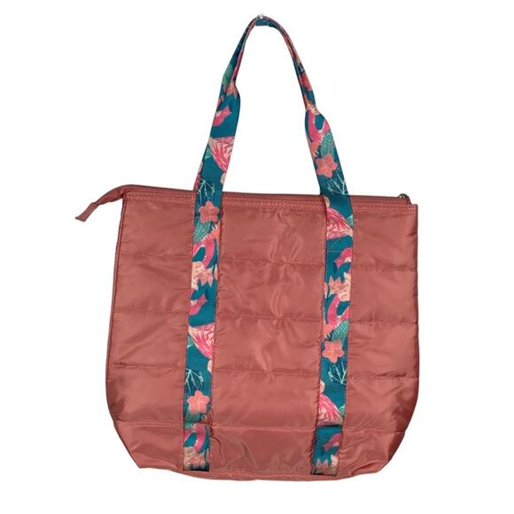 Emma & Chloe NWOT Quilted Totes Pink with Floral Print Straps Zipper Closure - Picture 5 of 8